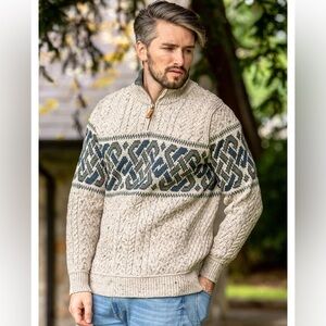 Aran Sz Md Cable Half Zip Sweater with Celtic Design
